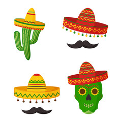 Mexican vector icons. Cinco de Mayo celebration. Skull, sombrero, cactus, mustache isolated on white background. Cartoon illustration