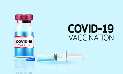 Covid-19 corona virus vaccination with vaccine bottle and syringe injection tool, Coronavirus vaccine banner background, Vector