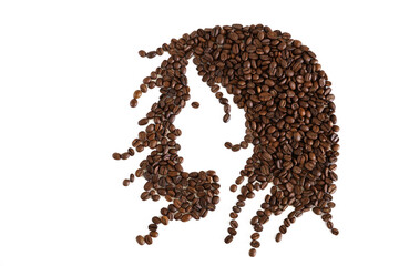 Profile silhouette of woman made of roasted coffee beans, isolated on white background in flat lay