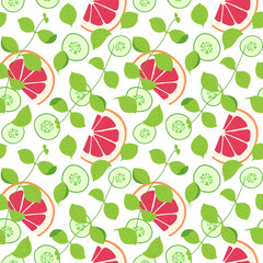 Seamless pattern with basil, cucumber slices and grapefruit slices. For prints, backgrounds, wrapping paper, textile, wallpaper, etc. 