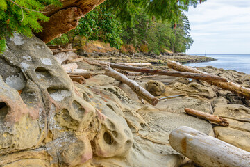 Rocky beach and ocean scenic for vacations and summer getaways. Sandwell Park Trail at Gabriola Island, BC, Canada.