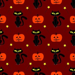 Halloween cats and pumpkins on dark red background for greetings. Seamless pattern. Vector illustration.