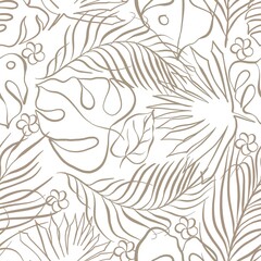 Tropical  seamless pattern. Line art. Stylish floral painted wallpaper with leaves. Summer nature tile background