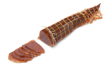 Piece of  cold smoked Albacore tuna fish and slices isolated on white background  
