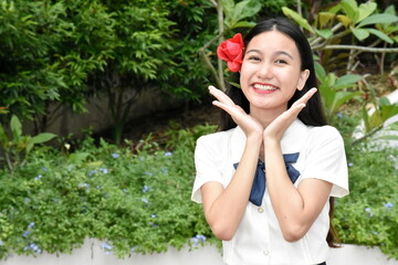 Pretty Asian Female And Happiness Wearing School Uniform Red Flower