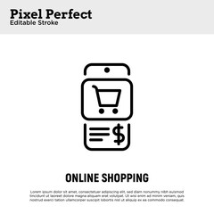 Online shopping in mobile app. Shopping cart on smartphone's screen. E-commerce. Pixel perfect, editable stroke. Vector illustration.