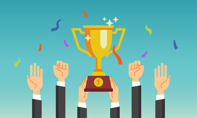 businessman winning team hold the trophy celebrating achievement concepts, flat vector illustration