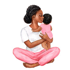 Watercolor illustration of an african american woman holding a kid in her arms, pink clothing, little girl, mothers day 