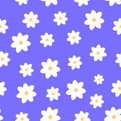 Fototapeta na wymiar Retro ornament with white flowers. Abstract seamless pattern with cute chamomile on blue background. Good for invitation, poster, card, flyer, banner, textile, fabric, gift wrapping paper.