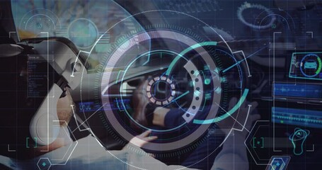 Animation of scope scanning over man wearing vr headset in self driving car - Powered by Adobe