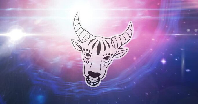 Animation of taurus star sign over sun shining and stars on night pink to blue sky