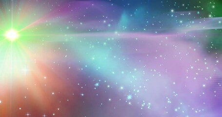 Animation of glowing green spot and stars on blue and purple light trials in universe