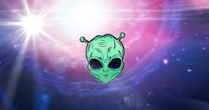 Animation of green alien on glowing white spot and stars on pink and purple light trails in universe