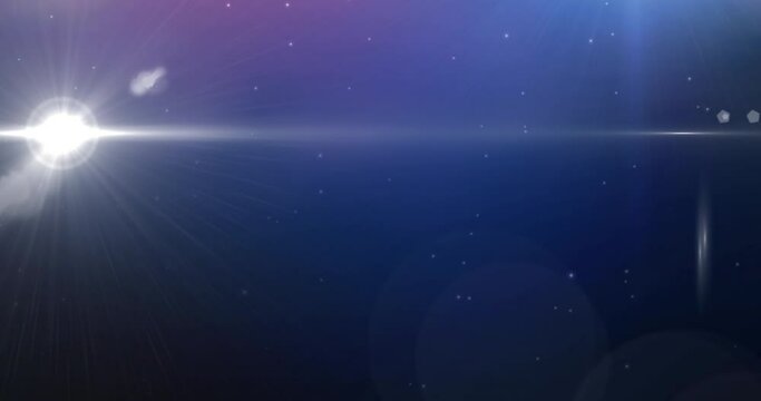 Animation of glowing stars with lens flare on blue and purple light trails in universe