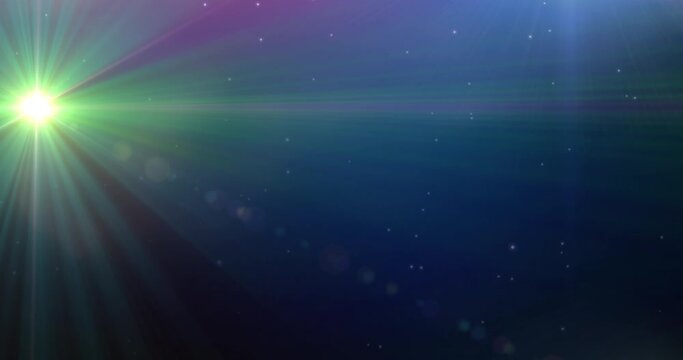 Animation of glowing green spot and stars on blue universe sky