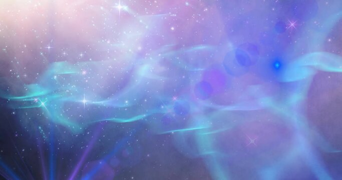 Animation of glowing stars on blue, pink and purple light trails in universe