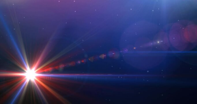 Animation of glowing star with lens flare and blue, pink and purple light trails in universe