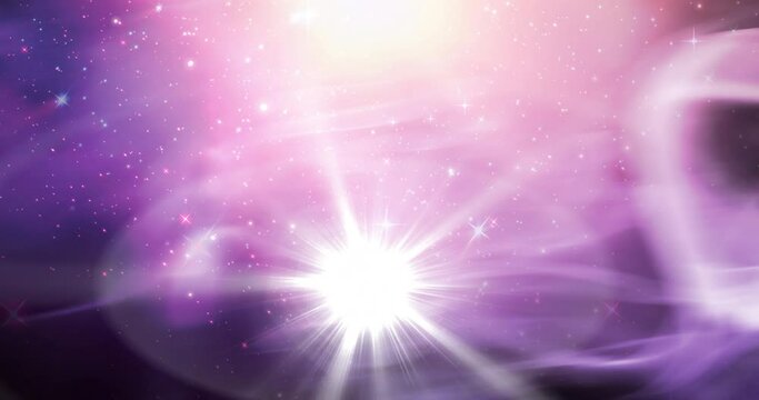 Animation of glowing stars on pink and purple light trails in universe