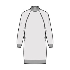 Dress Turtleneck Sweater technical fashion illustration with long raglan sleeves, oversized body, knee length, knit trim. Flat jumper apparel front, grey color style. Women men unisex CAD mockup