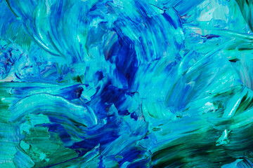 Abstract blue sea background with acrylic paint. Summer art background. Natural blue-turquoise wave texture. Impressionism in painting. Marine etude. Macrophotography of paint strokes.Contemporary art