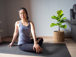 seated spinal twist pose yoga asian woman home workout fitness body weight exercise pilates health training sport healthy lifestyle activity wellness care on mat indoors natural light selective focus