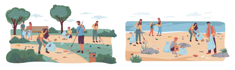 People volunteers cleaning up city park and beach from wastes, flat cartoon design. Vector team of adults kids pickup rubbish into bags. Environment protection. Man woman collecting garbage together © Sensvector