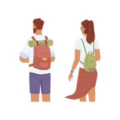 Travelers look into distance, man and woman with rucksacks back view, flat cartoon characters. Vector couple of tourists, young explorer travel together. Trekking people with backpacks, sleeping mat