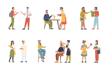 Fototapeta na wymiar Clients and servants, buyers and sellers, consultants isolated flat cartoon people set. Vector shop assistant and baker, waiter in cafe restaurant, barber doing haircut, women selling grocery products