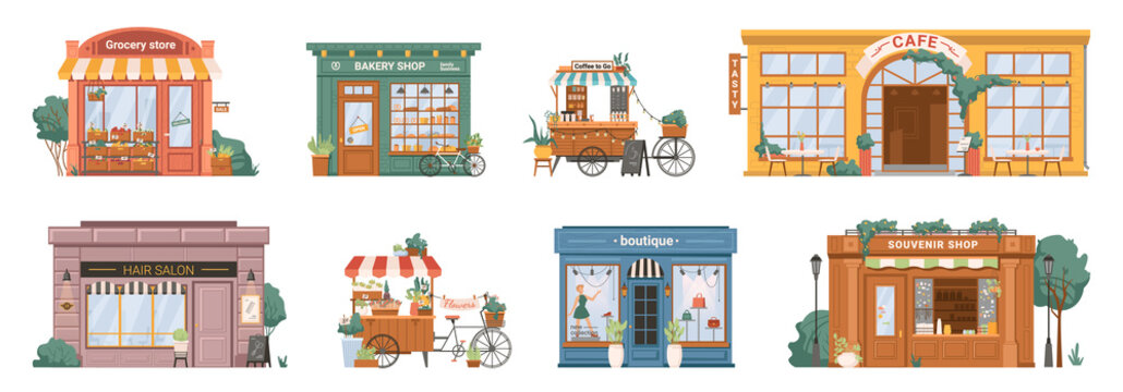 Grocery store and bakery, mobile coffee kiosk on bike, cafe restaurant and hair salon barbershop, florist flower store and clothing boutique, shop with souvenirs isolated building set facade exterior