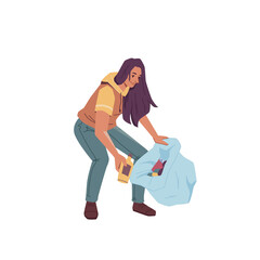 Volunteer woman with bag gathering garbage trash isolated flat cartoon character. Vector female cleaning up globe from wastes, pickup bottles and papers into bin, gather litter, protect environment © Sensvector