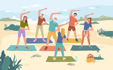 Group fitness outdoor class on beach, summer sport activities. Vector yoga exercise on fresh air, men and women training together with instructor, mats on sand, cartoon characters. Healthy lifestyle