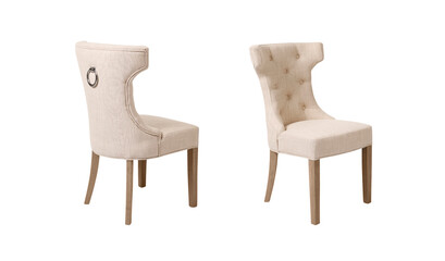 Back and front view of beige tufted dining chair on white background