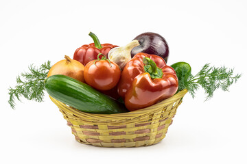Basket with  vegetables isolated on a white background.