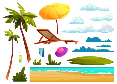 Summer beach design elements isolated set of cartoon icons. Vector sea or ocean waves, palm trees and clouds, chaise lounge and yellow umbrella, glass of cocktail and hat, striped towel, green bushes
