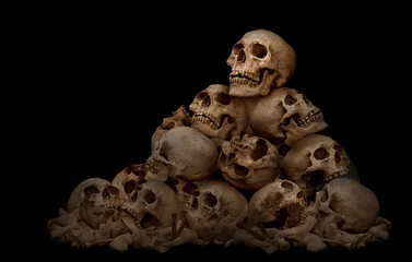 Awesome pile of skull and bone on brown cloth background, Still Life style, selective focus,...