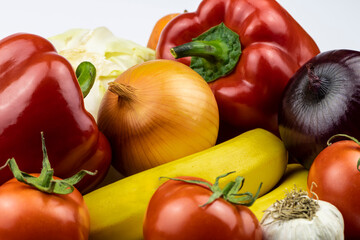 Vegetables and fruit as a background by close up.