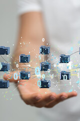 Augmented Analytics Data cloud storage network from lines, triangles and particle style design....