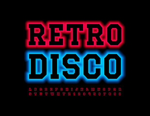 Vector event flyer Retro Disco with illuminated Font. Set of Red Glowing Alphabet Letters and Numbers