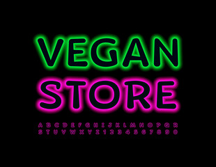 Obraz premium Vector trendy logo Vegan Store. Violet Neon Font. Glowing set o Alphabet Letters and Numbers