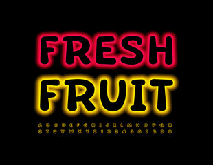 Vector creative sign Fresh Fruit. Yellow Neon Font. Glowing light Alphabet Letters and Numbers set