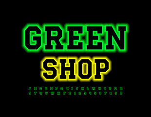 Vector business concept Green Shop. Neon glowing Font. Modern Alphabet Letters and Numbers set