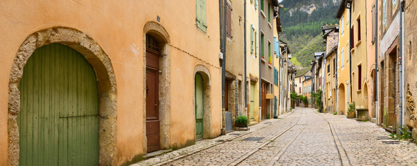 Panoramique Perspective rue des Barrys à Ispagnac (48320), département de la Lozère en région Occitanie, France © didier salou