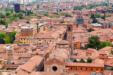 Aerial view of the Basilica of San Giacomo Maggiore, a 14th-century Catholic church in Bologna.