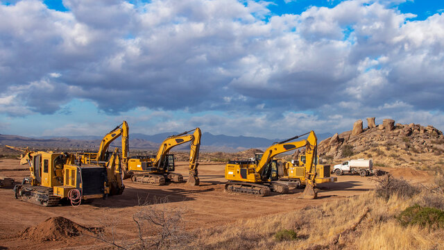 Construction Equipment & Tractors On Job Site In The Arizona Desert Near Scottsdale