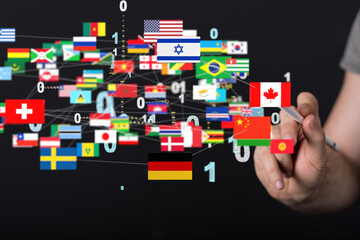 Global communication and international messaging concept, national flags of world