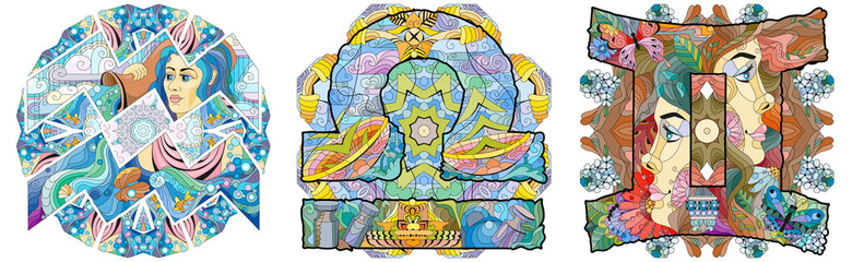 Air Signs Zodiac Libra, Gemini, Aquarius with mandalas. Vector zentangle object for decoration