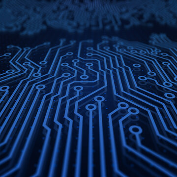 Blue printed circuit board , futuristic background . Abstract technology . 3D illustration .
