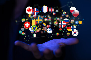 Global communication and international messaging concept, national flags of world