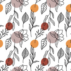 Floral bohemian texture with botanical line art. Boho seamless pattern with leaves, flowers and color dots. Floral textile background. Wallpaper with nature art.