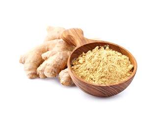 Ginger in wooden spoon on white background closeup. Spice isolated.